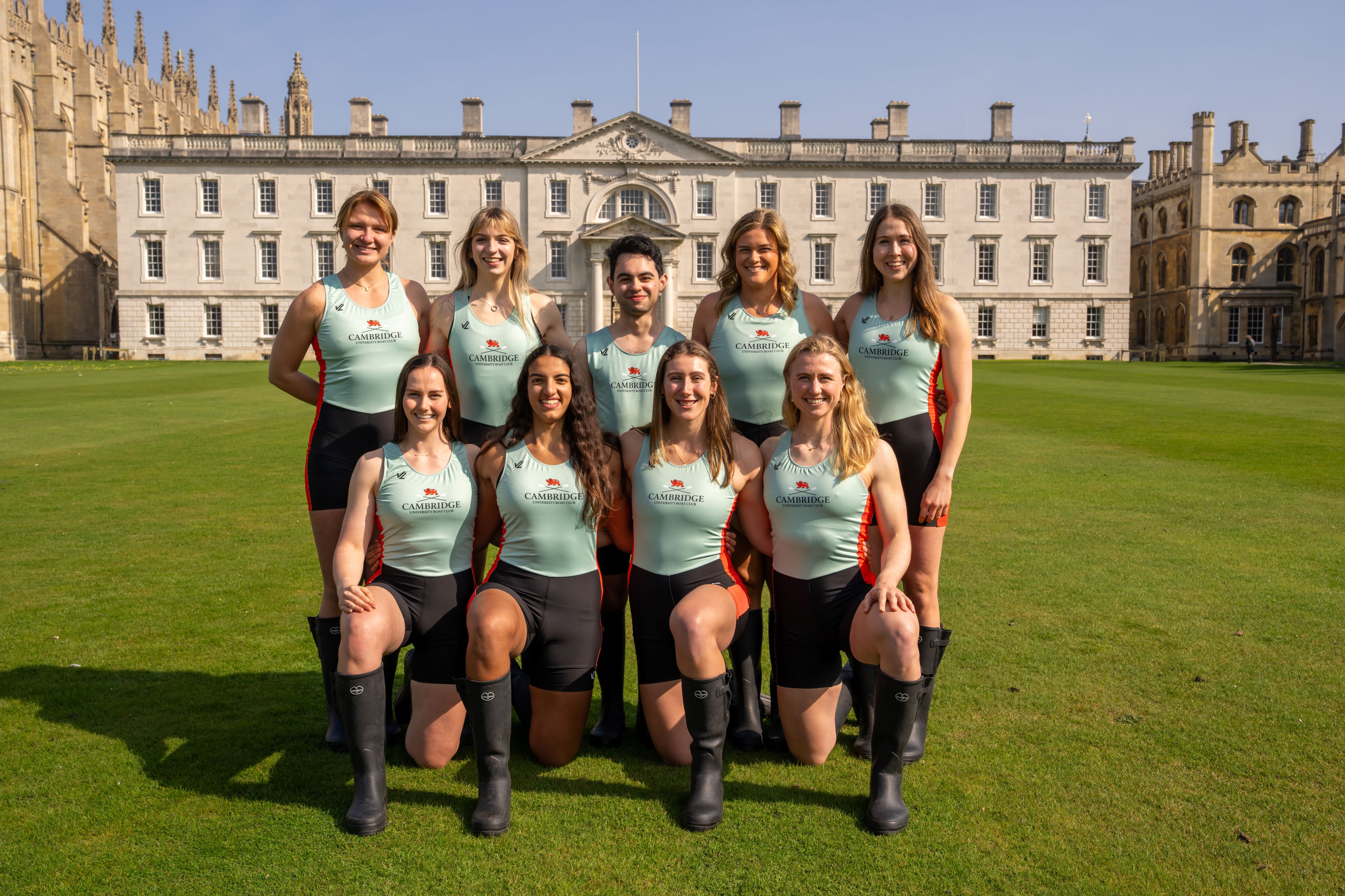 Crew of Women's Blue boat, front row kneeling