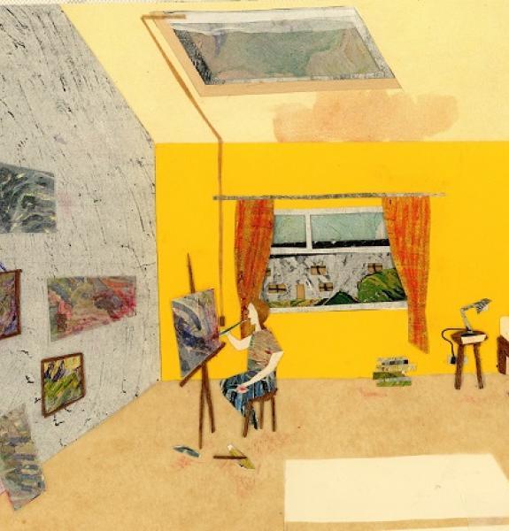 An interior design with a person painting at an easel